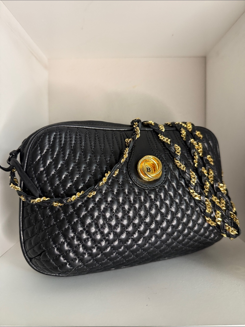 Bally Black Quilted Leather Crossbody with Gold Chain 9" X 7"